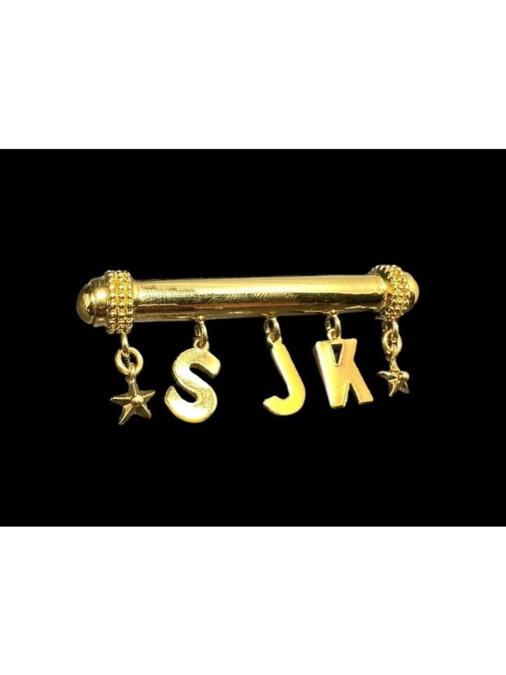 St. John Gold Plated Bar Brooch Dangle Letters Stars Vintage Pin